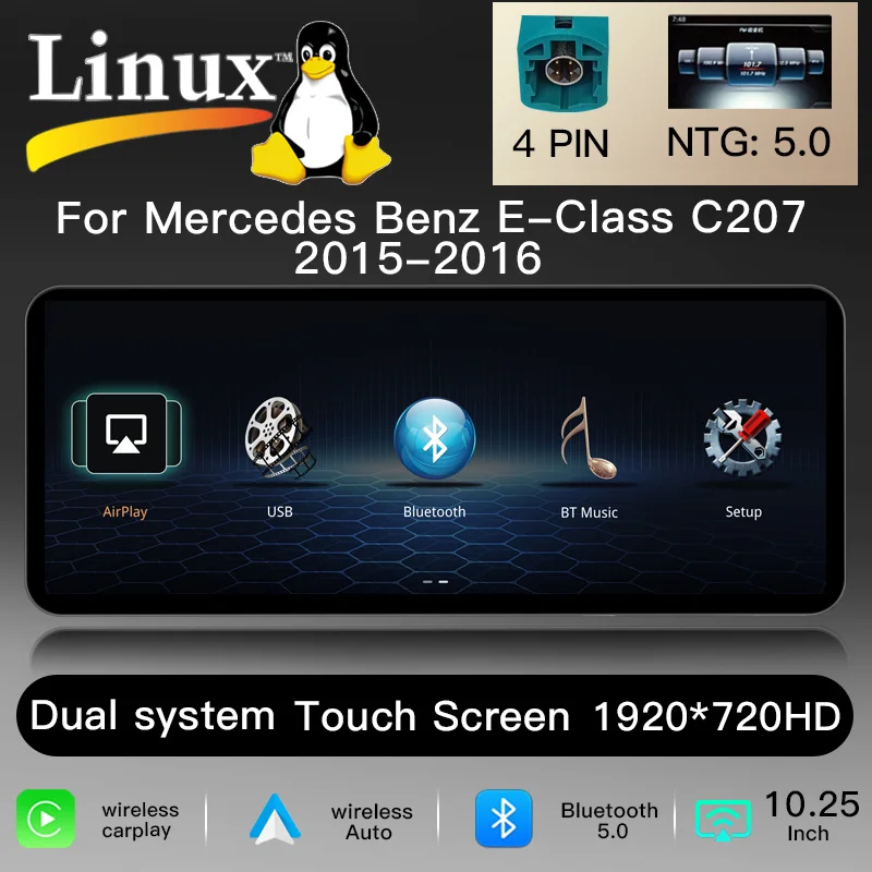10,25" 1920*720 IPS-scherm, draadloze CarPlay, Android 14 autoradio voor Mercedes E-klasse C207 W207 A207 NTG 4.0/4.5/5.0 2009-2016 2-deurs, multimedia, GPS-navigatie, WiFi, 4G, headunit, stereo-audio