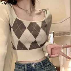 Pullover con colletto quadrato Donna Vintage Argyle Nuovo autunno Maglioni corti sottili Hotsweet Elegante femminile Ulzzang Abiti basic in maglia