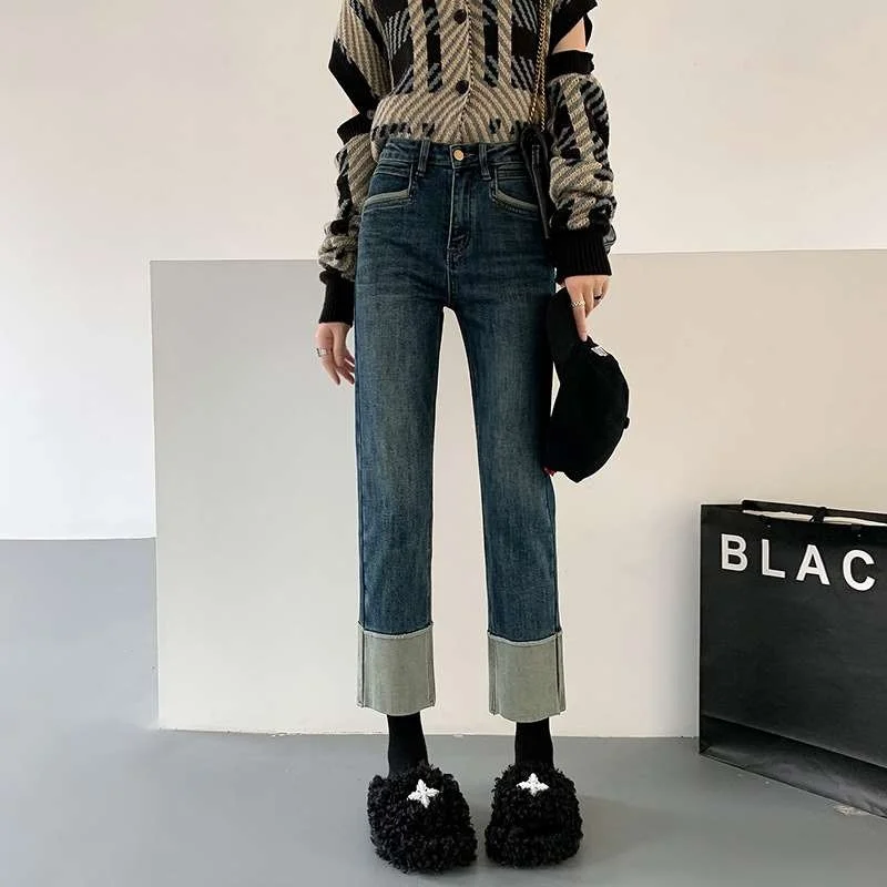 

Spring New Vintage High Waist Slim Straight Jeans Color Matching PU Leather Bla Cleanfit Ladies Jeans Mid-aged plus Size