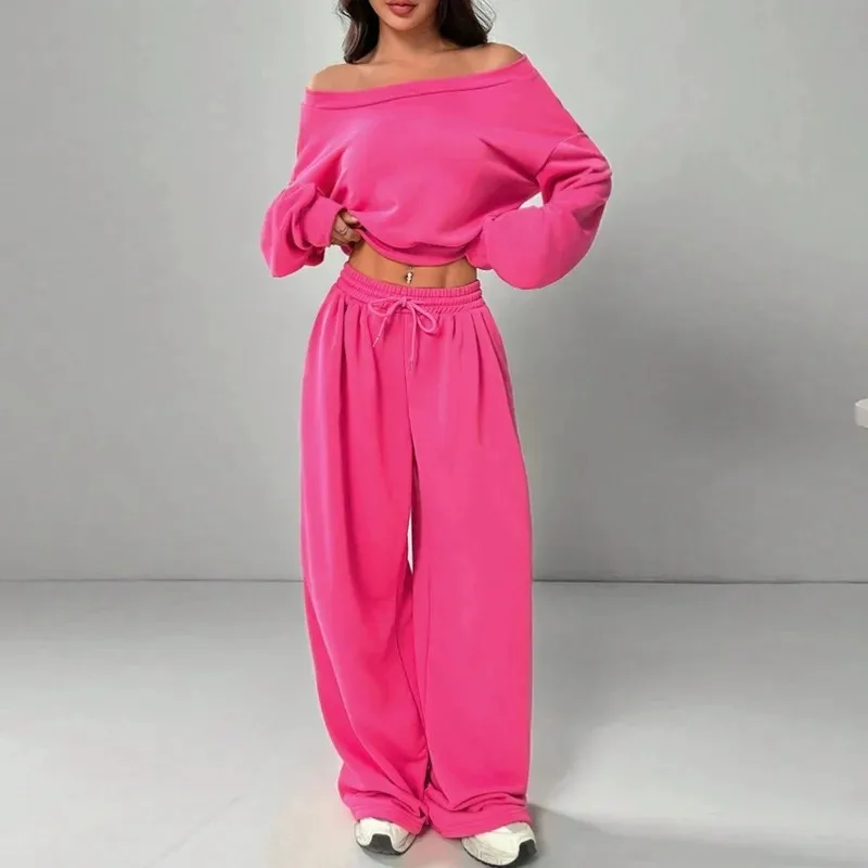 2025 Autumn and Winter New Product Casual Set Loose One Collar Off Shoulder Solid Color Pants Two Piece Set Women's Fashion Set