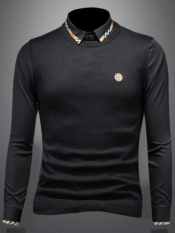 

High Quali Men's Slim Fit Long Sve Knitted irt Base Layer Sweater Spring Autumn Season Fake Two-Piece Breathable Skin-...