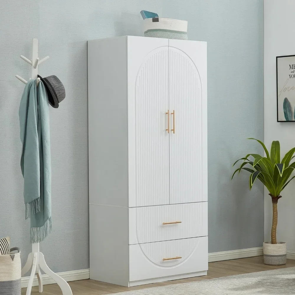 

Armoire Wardrobe Closet, 74'H Wardrobe Closet With 2 Doors, Wardrobe Cabinet With 2 Drawers, White And Wooden Clothes Cabinet|