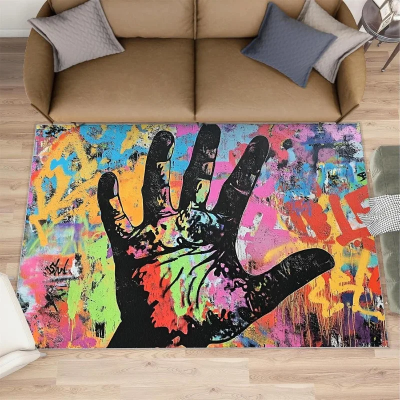 Abstrakter Hand-Graffiti-Teppich, bunt, kreative Heimdekoration, Wohnzimmerteppich, moderne Kunst, rutschfeste Bodenmatte für Schlafzimmer, Küche