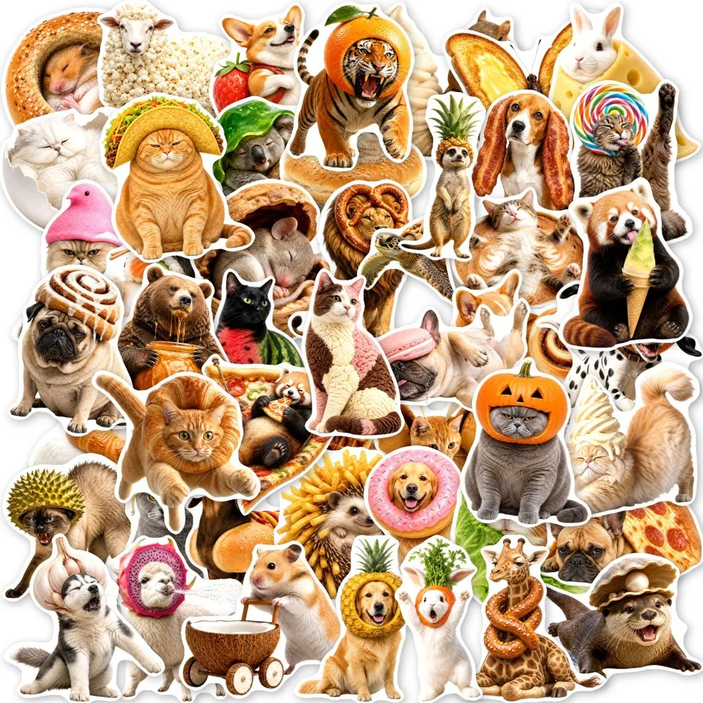 50 Sheets Cute Animals Dressed with Food Waterproof PP Stickers Funny Pet Decals for DIY Collage Golden Memory Stickers Store