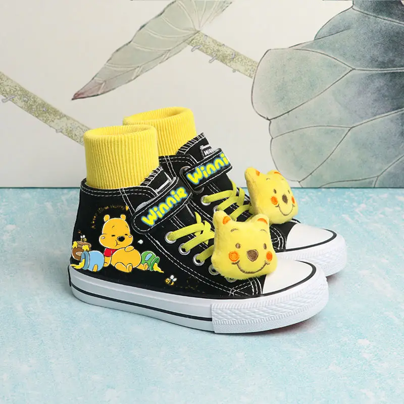 Strawberry Bear Pooh Winnie Hand-painted Canvas Shoes Spring Summer Women\'s Korean-style Cartoon Velcro Mid-top Graffiti Shoes