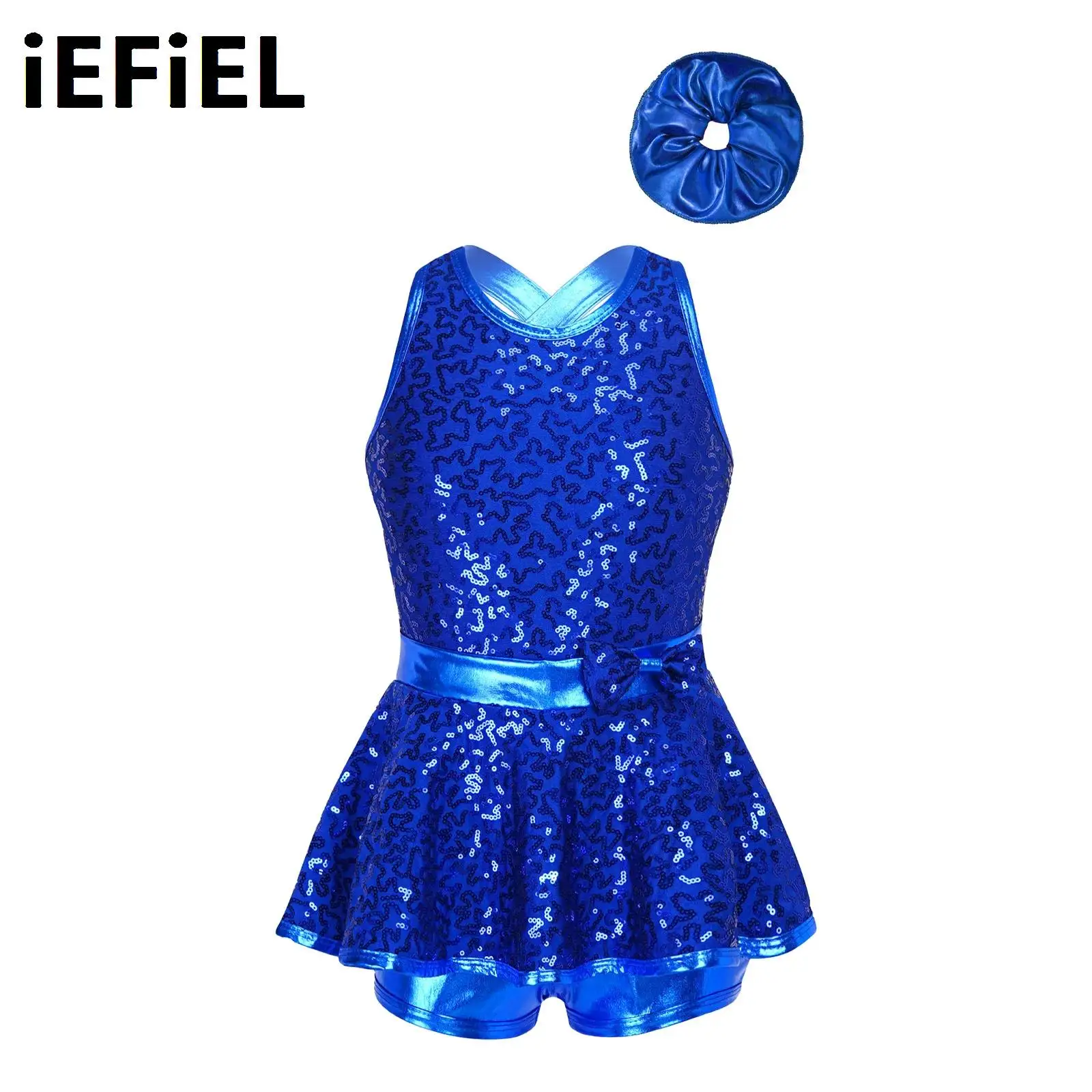 Kids Girls Sequined Jazz Dance Sets Performance Costume Sleeveless Criss Cross Back Waist Bowknot Leotard Dress with Hair Band