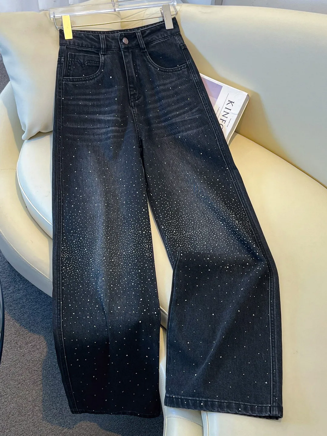 High Waist Wide Leg Denim Jeans Women's Spring Autumn 2026 New Design Sparkling Sequin Nine Points Straight Cut Trousers
