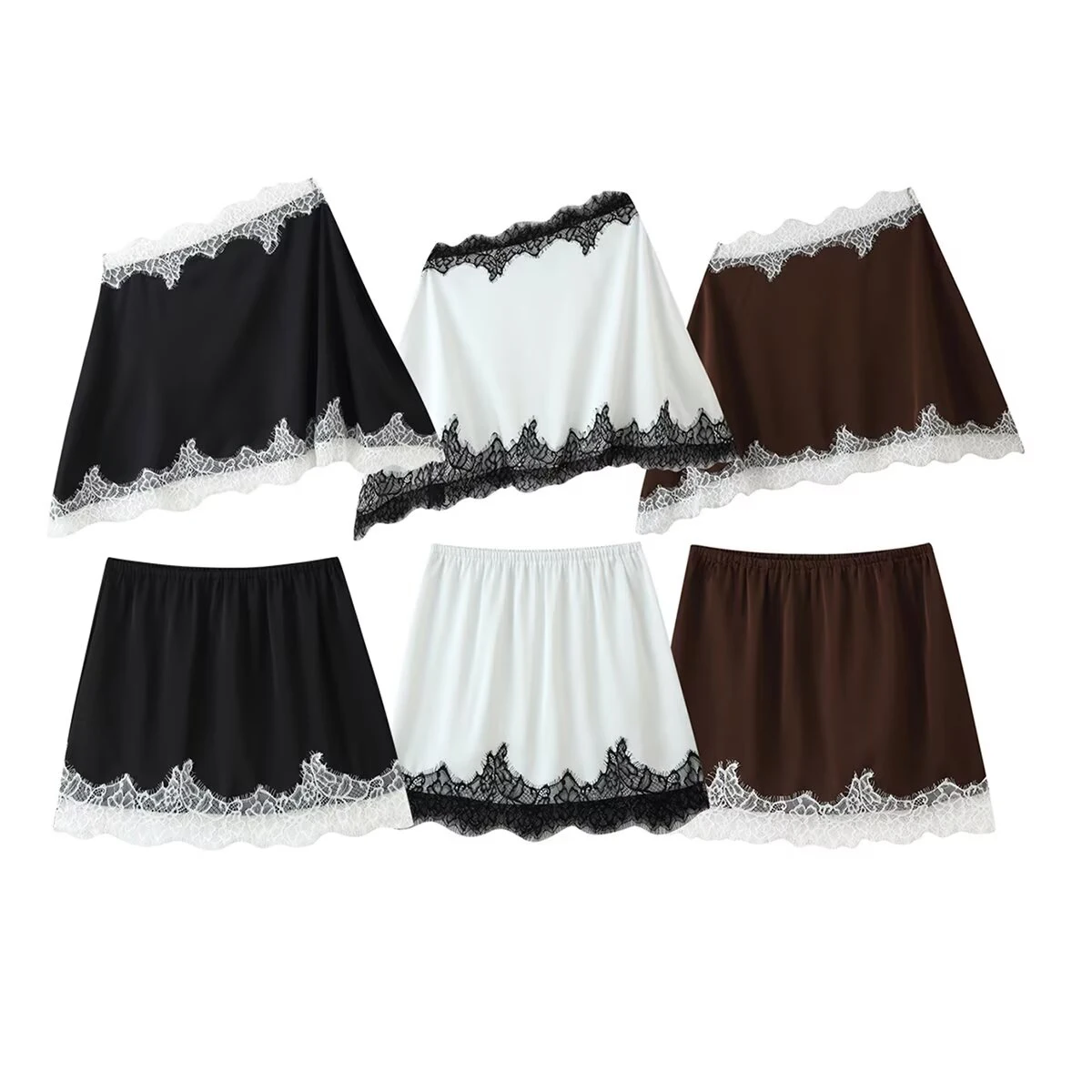 European and American Summer New Women's Fashion Asymmetric Satin Lace Splicing Slanted Shoulder Top Short Skirt Set