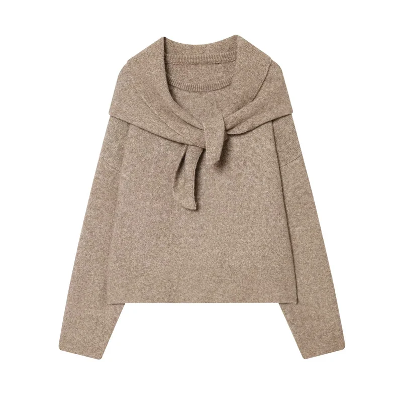

Women's Top 2025 Autumn New Khaki Long Sleeve Scarf-Decorated British Style Pullover Knit Top Casual Fashion