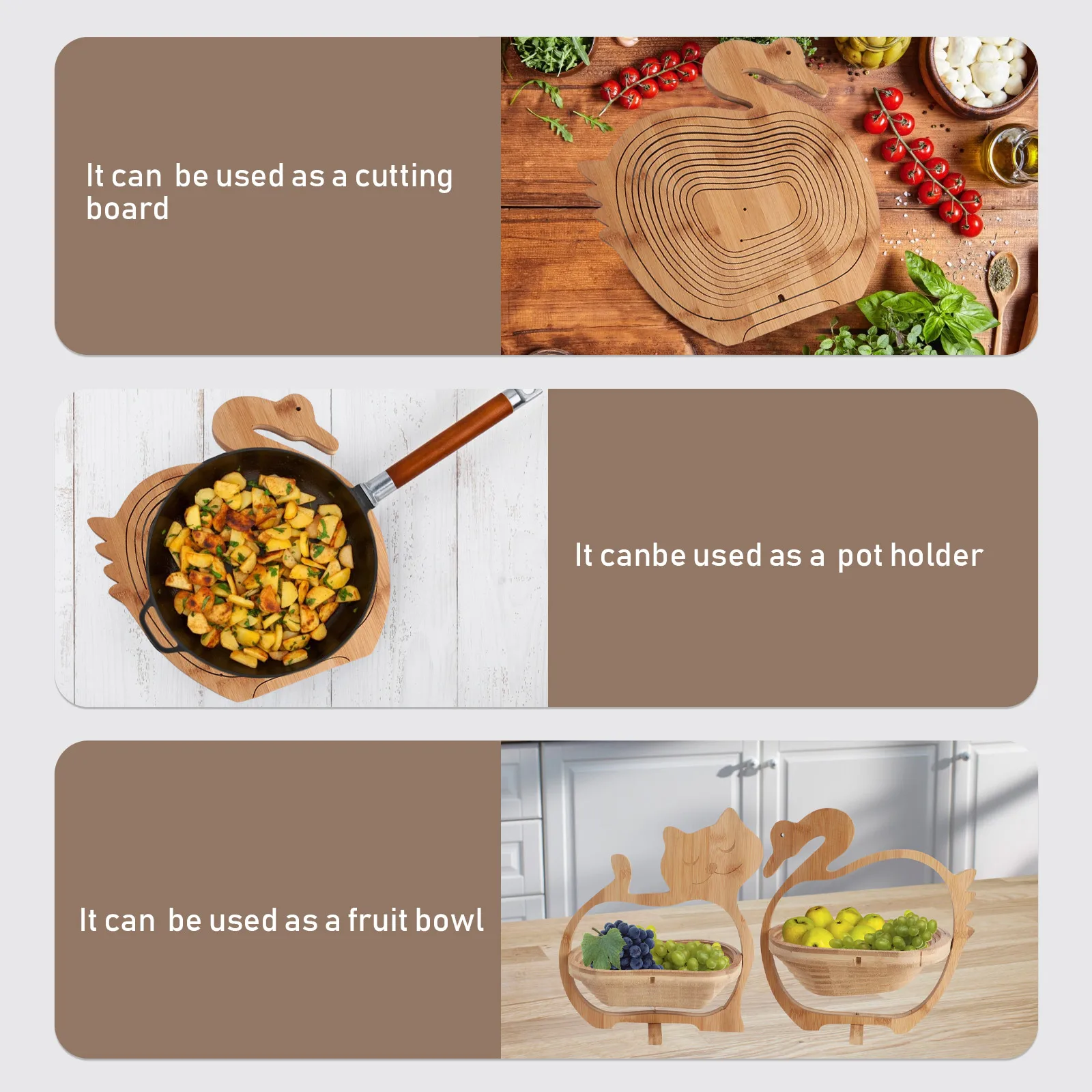 

1Pcs Ecofriendly Bamboo Fruit Basket Folding Organizer Khaki Space Saving Multipurpose Cutting Board Pot Holder