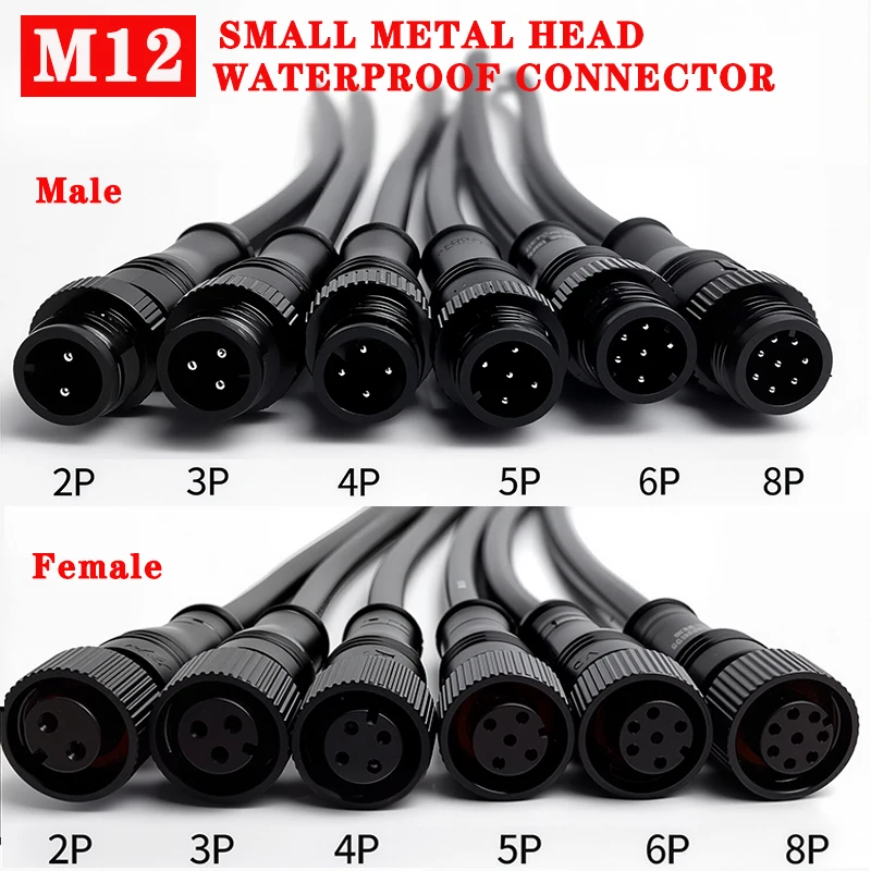 5/20Pcs M12 Metal Black Waterproof IP68 2 3 4 5 6 8Pin Male and Female LED Strip Outdoor IP68 Cable Connector 20cm Wire Plug