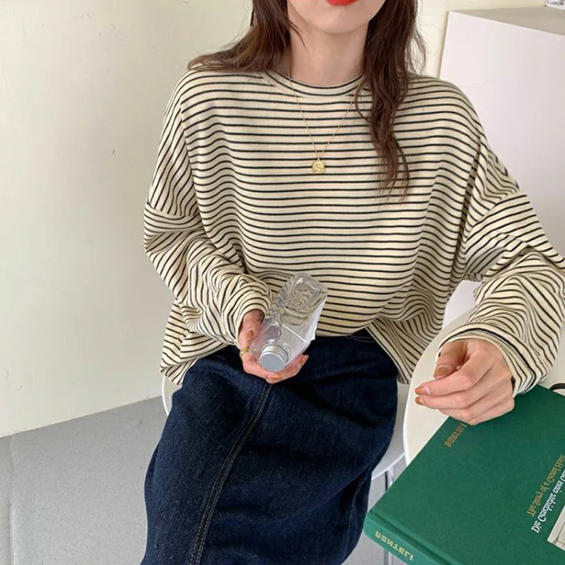 Women Striped Long-sleeve T-shirt Spring Autumn Girl Student Loose-fit Inner Top Top Woman Casual Long-sleeve Base Shirt Ladies