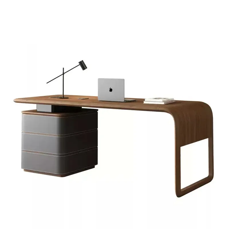 Italian Minimalist Designer Study Home Desk Premium Walnut Saddle Leather Computer Writing Table Office