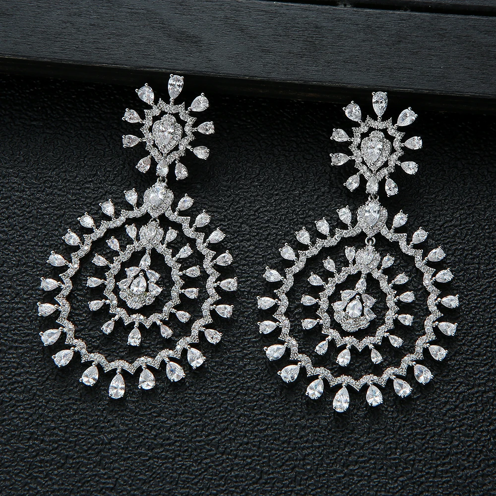 

68MM Luxury Water Drop Tassels Long Dangle Earrings For Women Wedding Cubic Zircon Dubai Bridal Drop Earrings E9465 E686