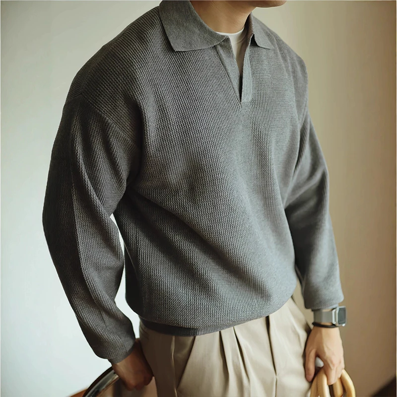American Fashion Men's Knit Polo Sweater Long Sleeve Textured Solid Color Casual Pullover V-Neck Lapel Collar Loose Fit Knitwear
