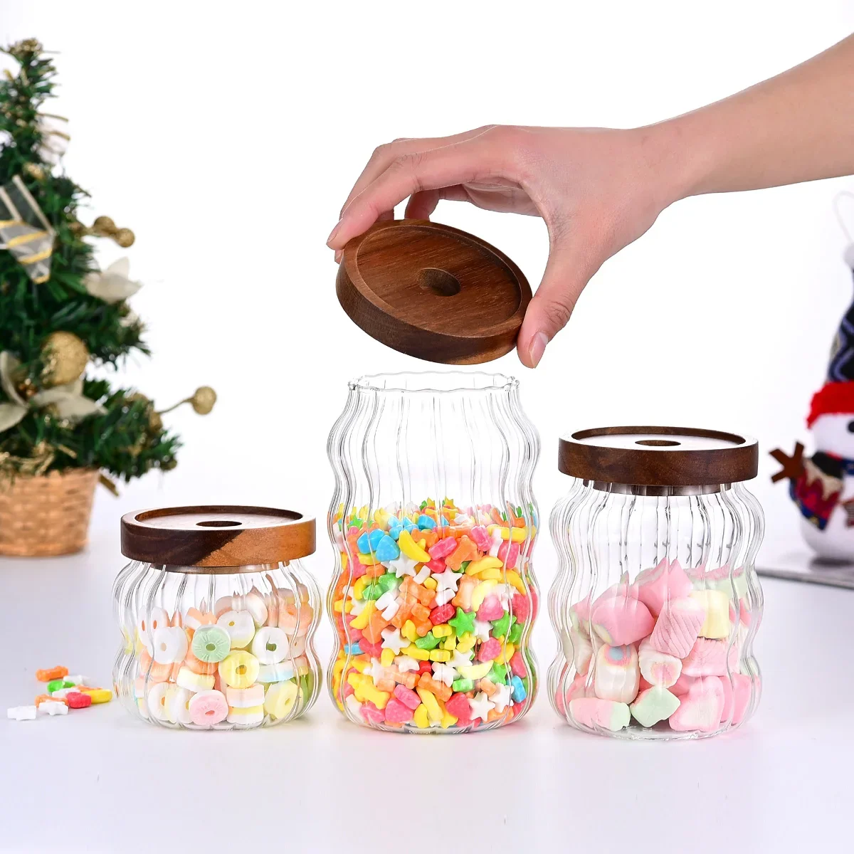 Wood Lid Striped Glass Storage Bottles Sealed Jar Tea Coffee Beans Grains Candy Jars Organizer Kitchen Food Glass Containers