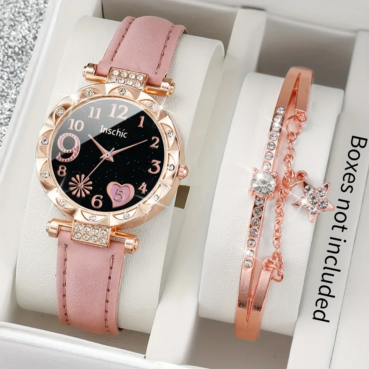 2 Pcs Pink Quartz Watches PU Leather Strap Zinc Alloy Pointer And Bracelet Jewelry For Women Not Include Watch Box