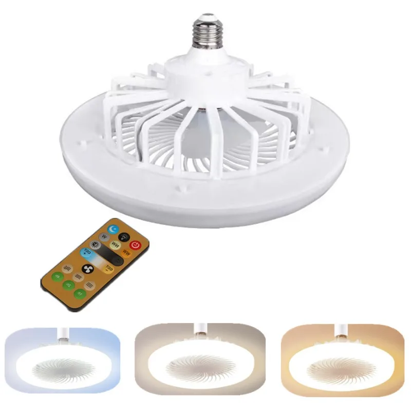 Ventilador de techo de 30W con lámpara de iluminación, Base convertidora E27 con Control remoto para dormitorio, sala de estar, hogar, Ac85-265v silencioso, luz de 3 colores