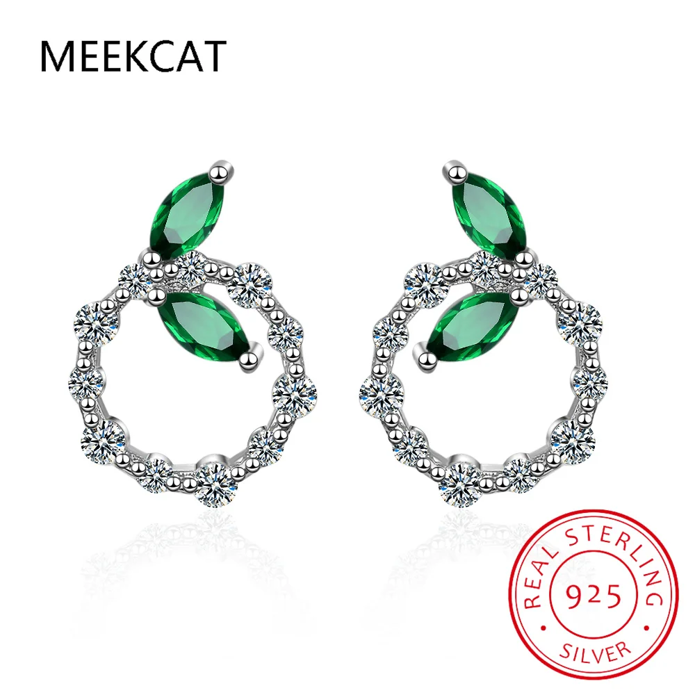 Leaves Green Simulated Nano Emerald 925 Sterling Silver Circular Stud Earring for Women Gemstone Fine Jewelry Boucle d'oreille