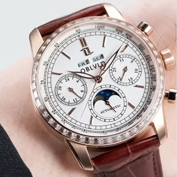 OBLVLO Men Automatic Watch 42mm Mechanical Wristwatch 50M Waterproof Luminous Sapphire Mirror Multi-Dial Month Week Sun-Moon view 6