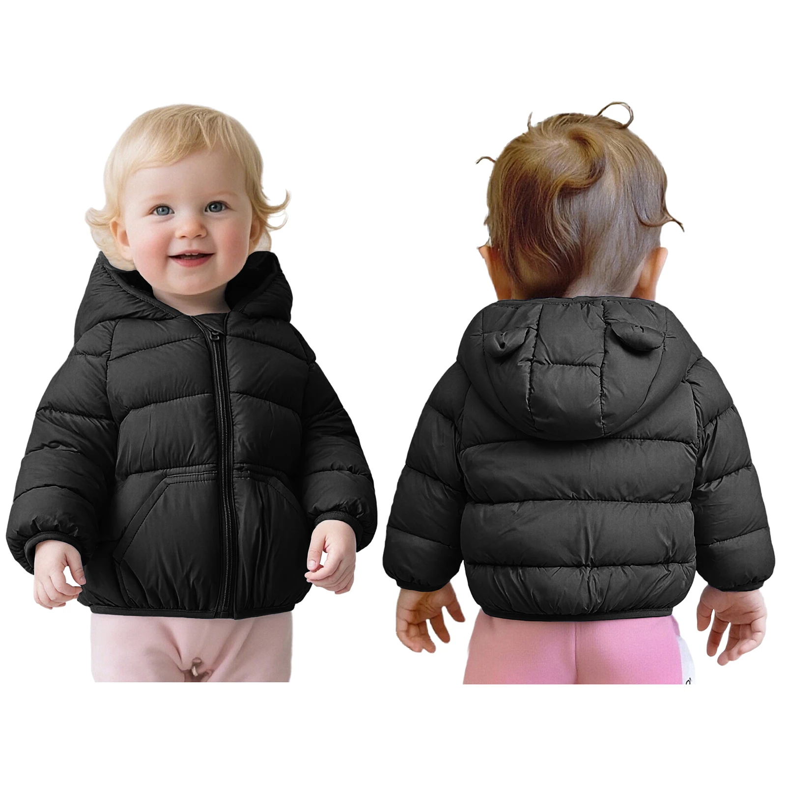 طفل رضيع الشتاء معطف مقنع دافئ مبطن سترة منتفخة لطيف الدب خفيفة الوزن أسفل ملابس خارجية سحاب أكمام طويلة سترة واقية #3