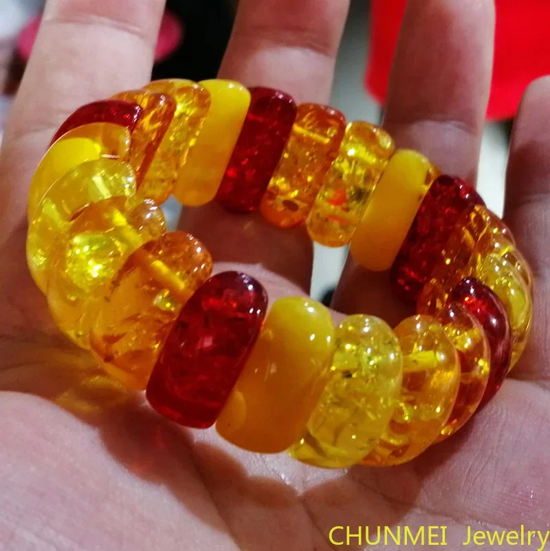 Colored Floral Amber Wide Elastic Bracelet Men Women Healing Jewelry Natural Baltic Ambers Flower Beaded Gemstone Bangles Amulet