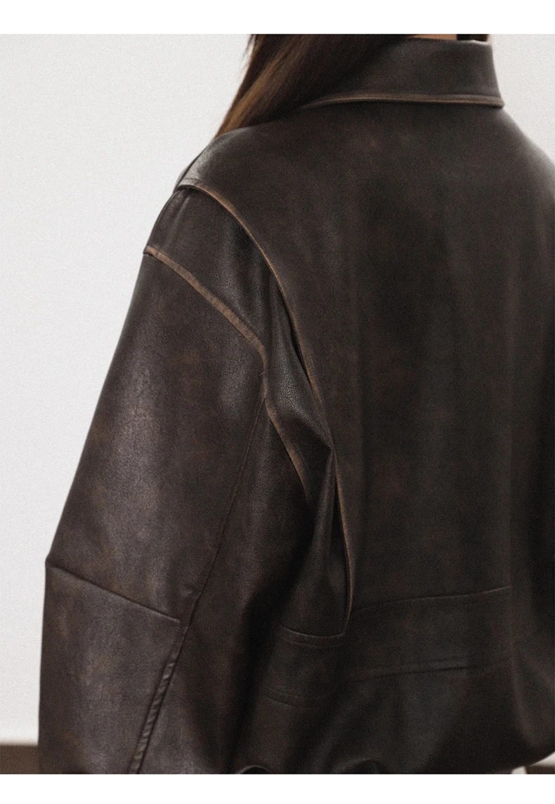 Lautaro Spring Autumn Cool Handsome Soft Vintage Distressed Brown Pu Leather Jacket Women Long Sleeve Luxury Designer Clothing