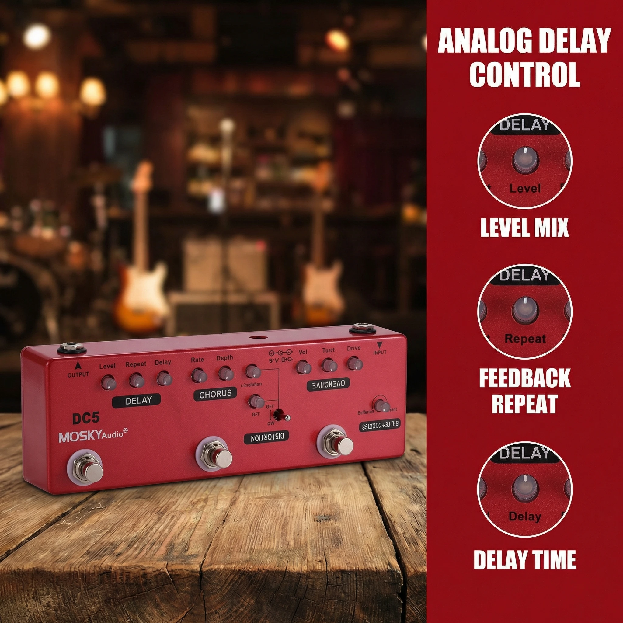 

Многофункциональная педаль эффектов MOSKYAUDIO DC5 для гитары 6-в-1 для живых выступлений и занятий, с функциями Delay, Chorus, Distortion, Overdrive, True Bypass