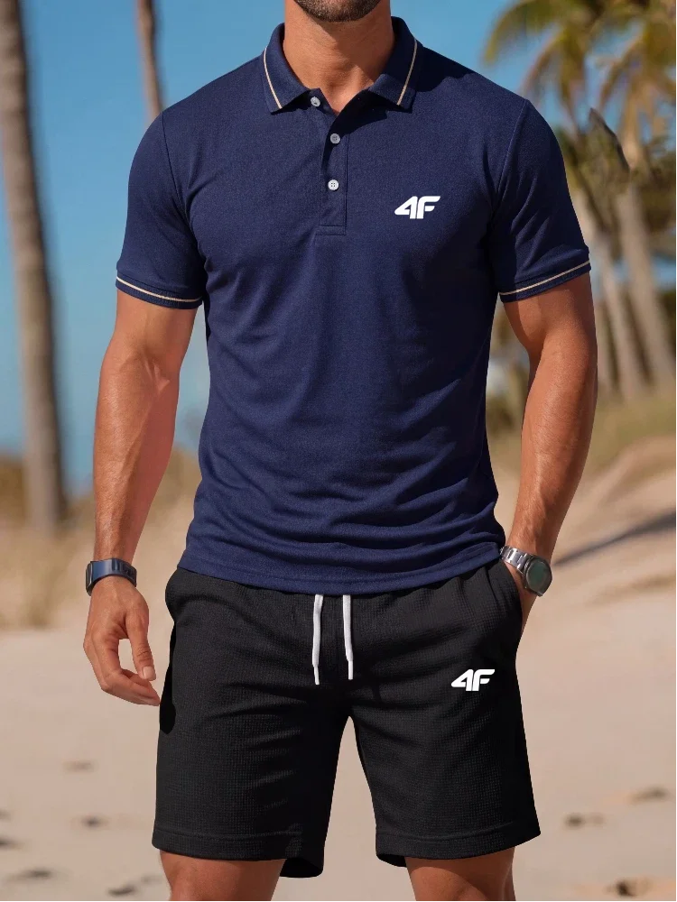 High end fashion printed polo shirt short sleeved set brand men's polo shirt shorts summer comfortable casual lapel T-shirt set