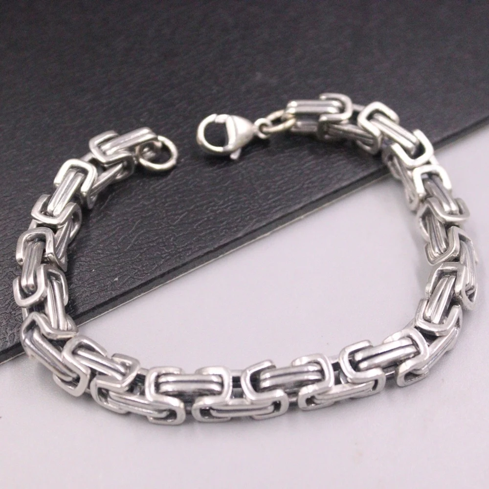 

Real Solid 925 Sterling Silver Chain Men Lucky 6mm Square Byzantine Bracelet 30-31g/19cm