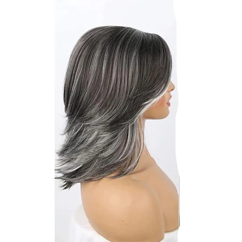 Micro Rolled Black Gray, Highlighted Golden Brown, Wig, Wispy Bangs， High Temperature Resistant Fiber Hairstyle