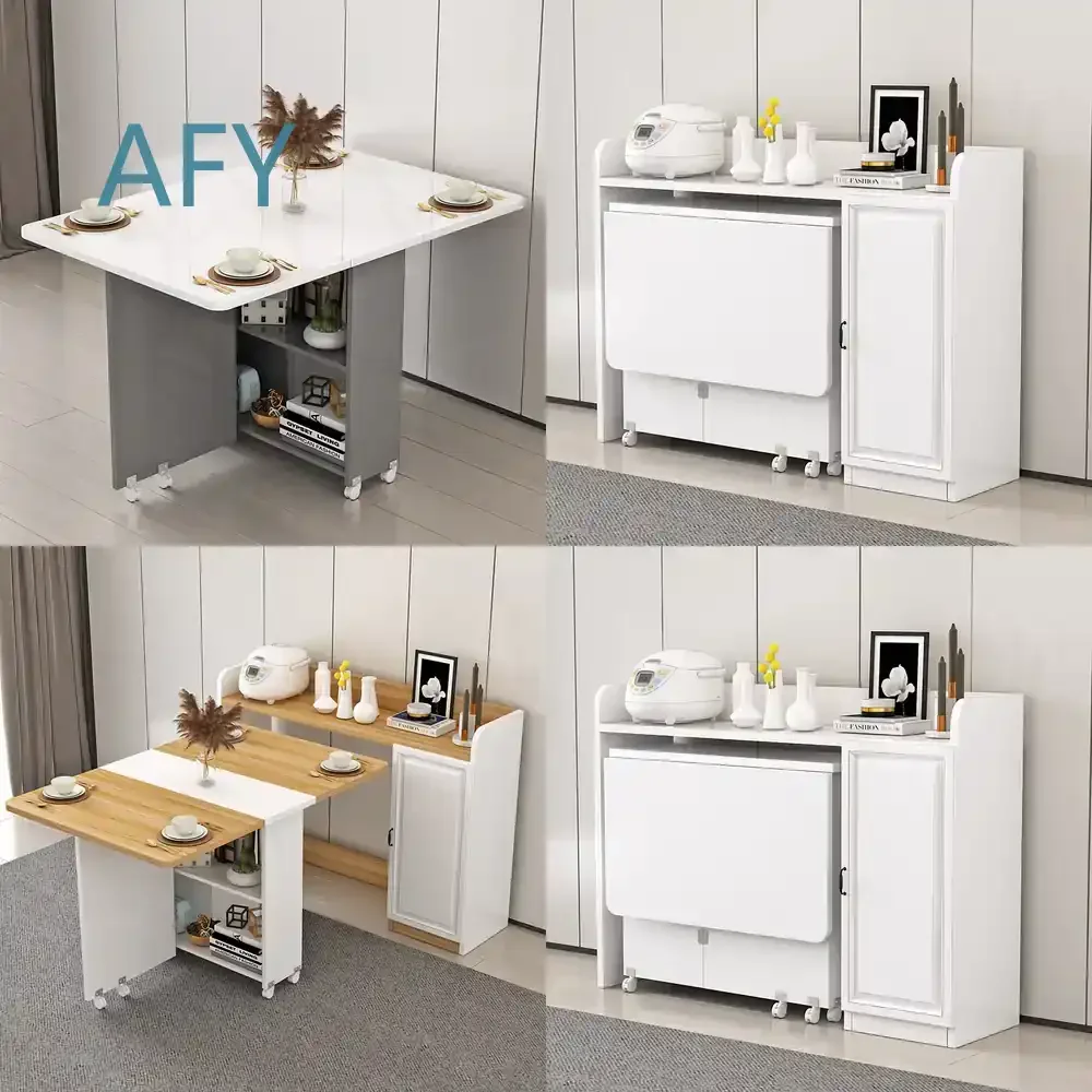 Foldable Dining Table for Small Spaces Portable Multi Functional Sideboard Cabinet with Microwave Stand and Bowl Storage for