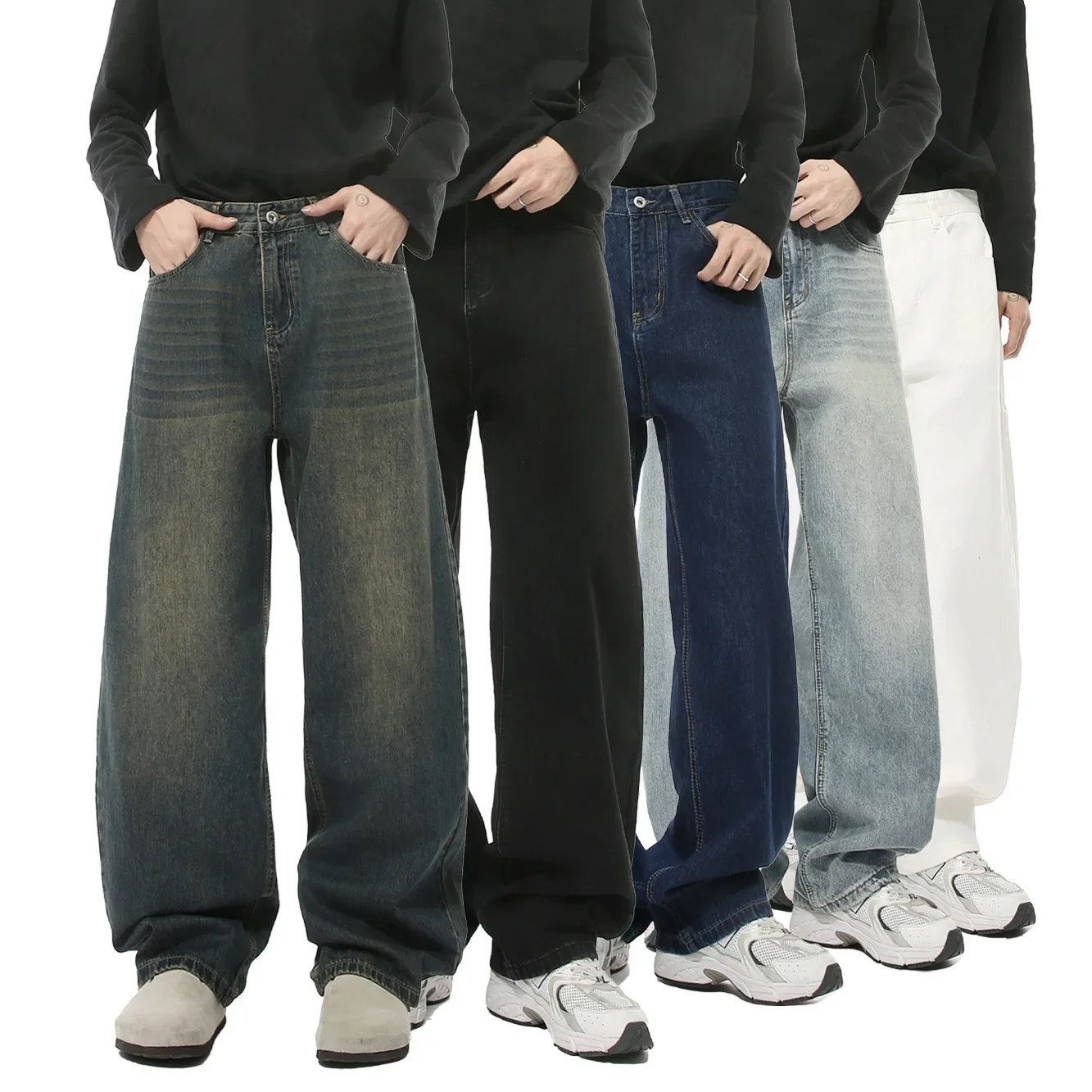 

Pop Four Seasons Men's Casual Trendy Loose Wide Leg Washed Jeans Pants Multi Color Korean Vintage Denim Trousers Male Streetwear