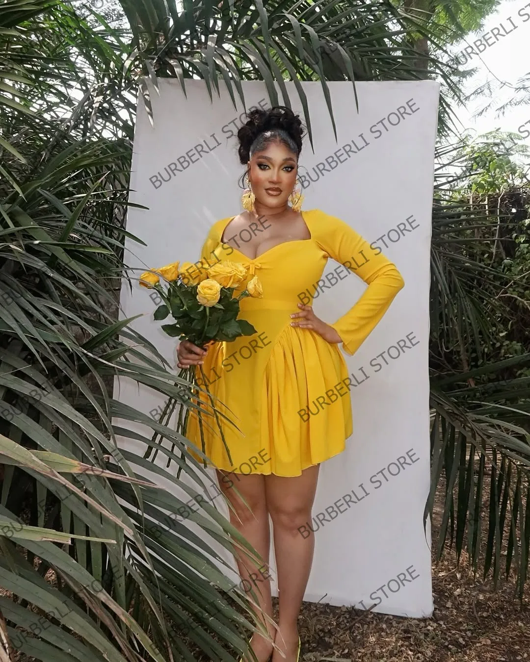 ファッションドレープサテンミニ女性パーティードレスフルスリーブふわふわフリル Brithday パーティードレス女性ウエディングドレス