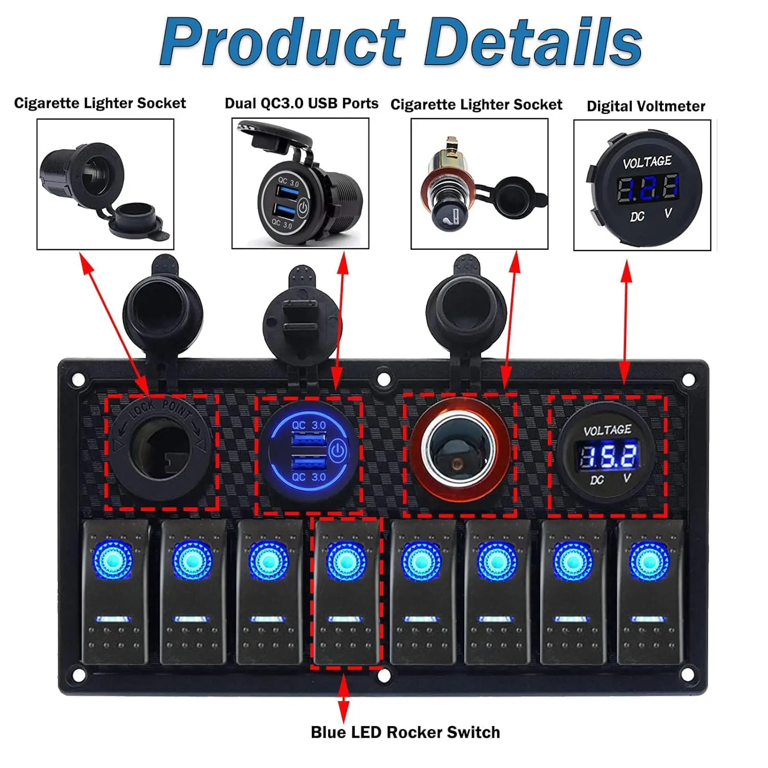 Novo design 8 gangues AI painel de interruptor rocker duplo QC 3.0 USB tomada de carregador de carro com display de tensão