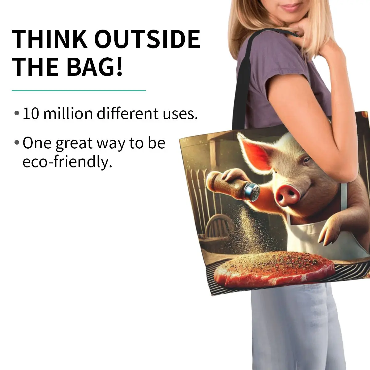 Cooking Pig Cartoon BBQ Scene Shopping Tote Bag Canvas Large Capacity Shoulder Bags Shopper Grocery Handbag for Women