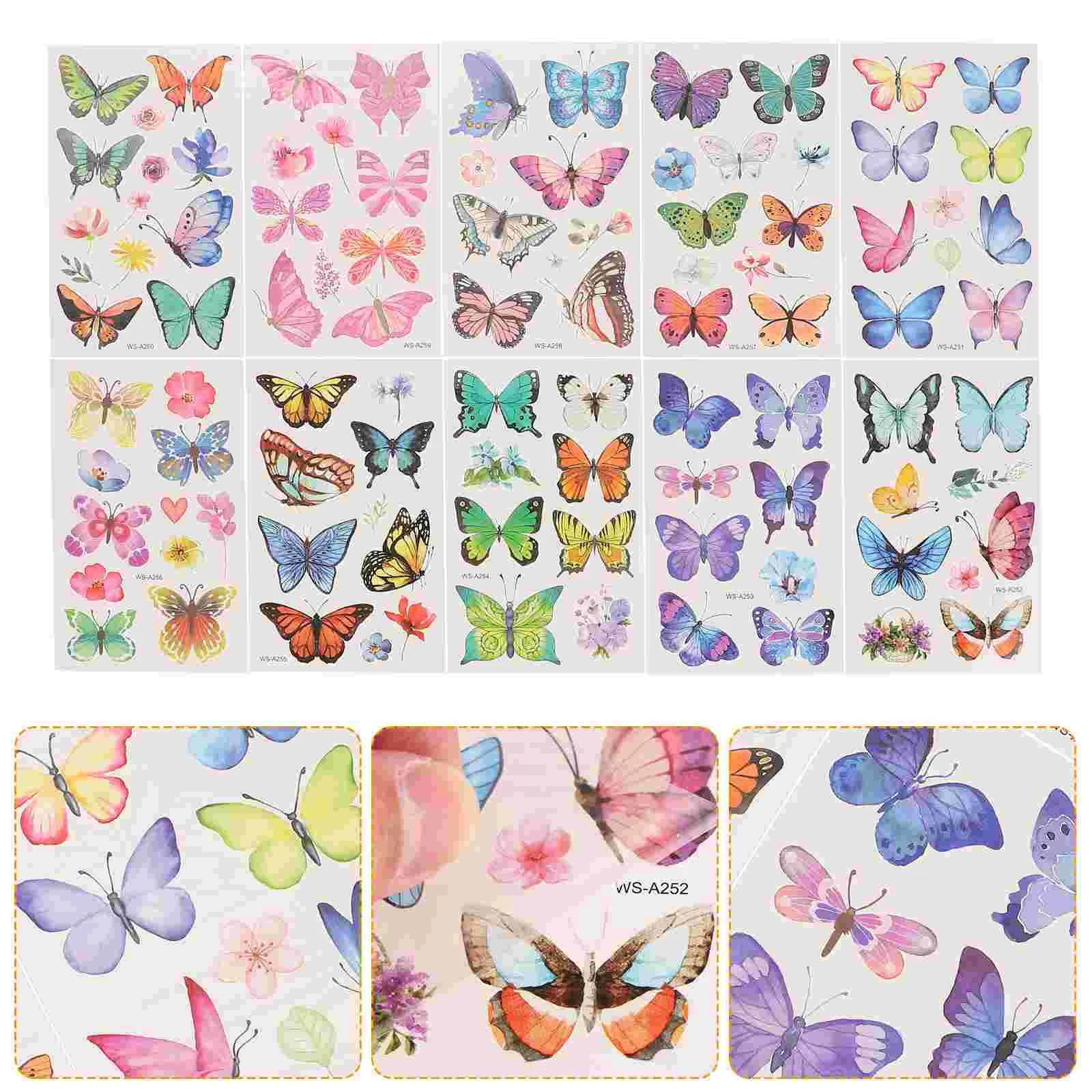 

10 Sheets Decorative Stickers Water Transfer Tattoo Butterfly for Women Child Body Tattoos Decal