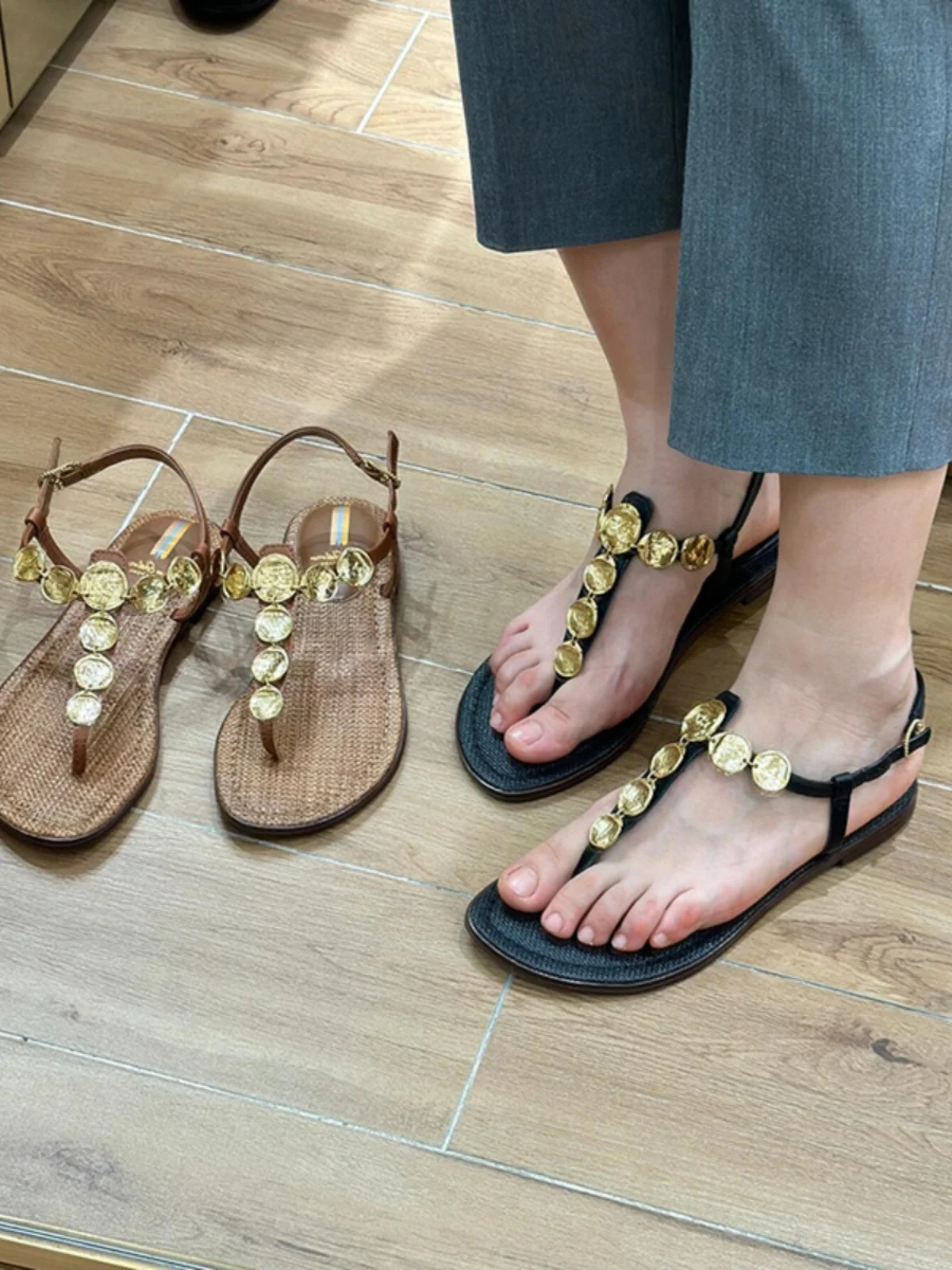 

Женские сандалии n Sle с Т-образным ремешком, римские туфли на плоской подошве, кожаные версины, летние новые туфли на низком каблуке, клейкая резиновая подошва