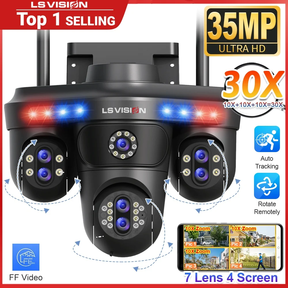 LS VISION 35MP 10X Zoom WiFi IP Camera 4 Screens 7 Lens Outdoor Wireless PTZ Security Cam Auto Tracking CCTV Surveillance Camera