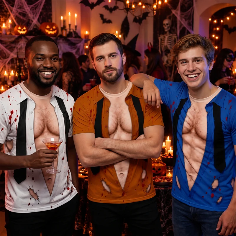 Men Halloween Funny T Shirt Short Sleeve Crew Neck 3D Print Fake Muscle Chest Tie Blood Splatter Novelty Party Costume Tee Top