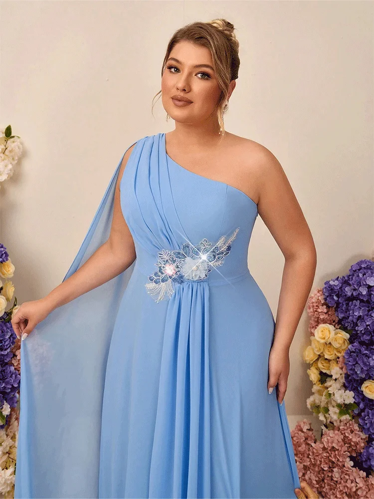 Plus Size One Shoulder Water Blue Chiffon Applique Banquet Evening Dress Luxury Wedding Banquet Floor-Length Evening Dress image 5