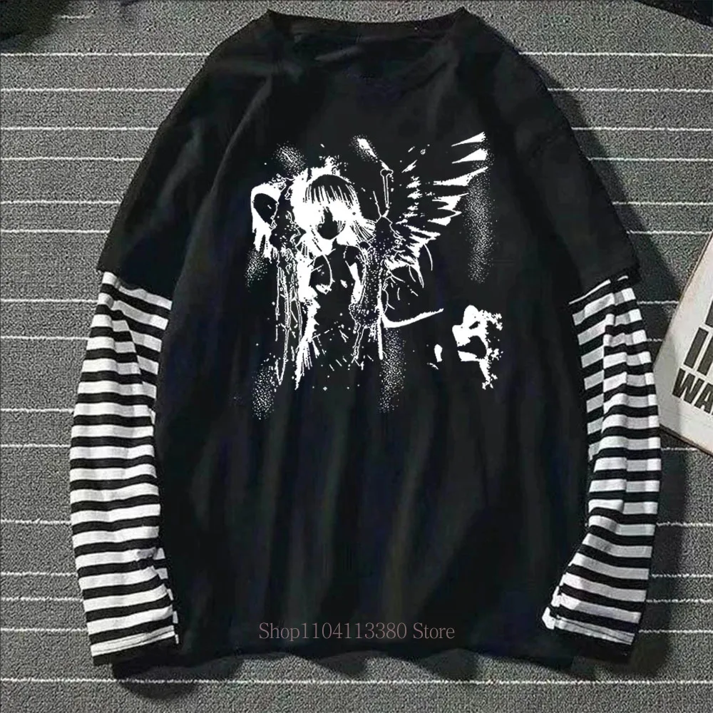 Women Gothic Y2K Print Graphic Fake Two Long Sleeved T-shirts Fashion Retro Casual Loose High Street Fake Two Long Sleeved Tees