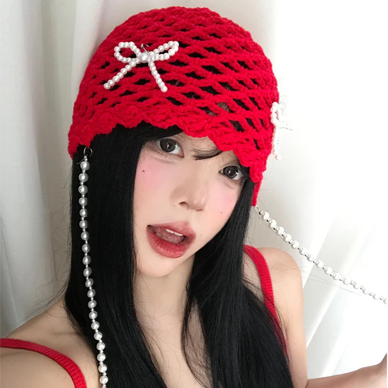 DIY Pearl Bow Pendant Hollow Handmade Knitted Pullover Hat Street Breathable Short Brim Personalized Skull Beanie Cap Korean