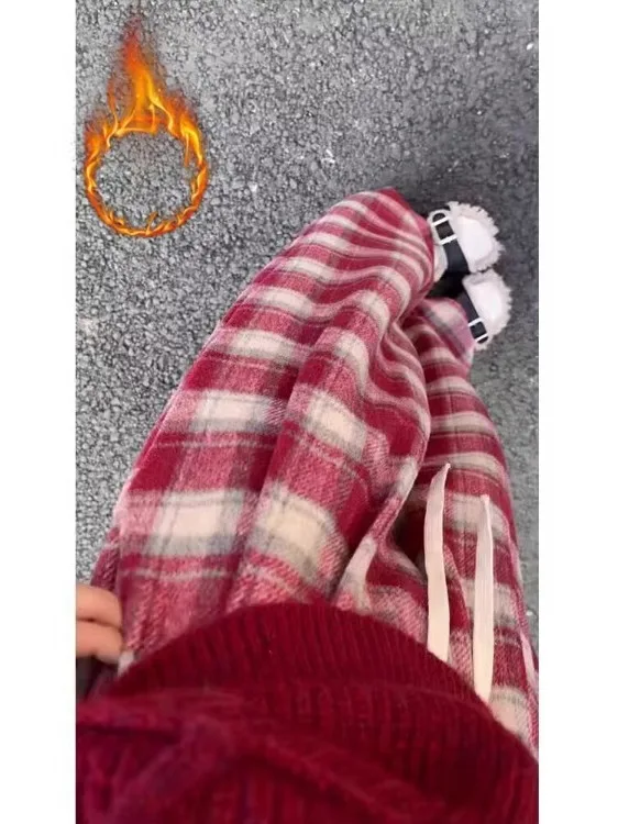 กางเกงขายาวลายสก็อตสีแดงขอบสีดำสำหรับผู้หญิงทรงหลวมเอวสูง ผ้าขนสัตว์ ใส่ได้ทั้งฤดูใบไม้ร่วงและฤดูหนาว ทรงขากว้างลำลอง ทรงตรง