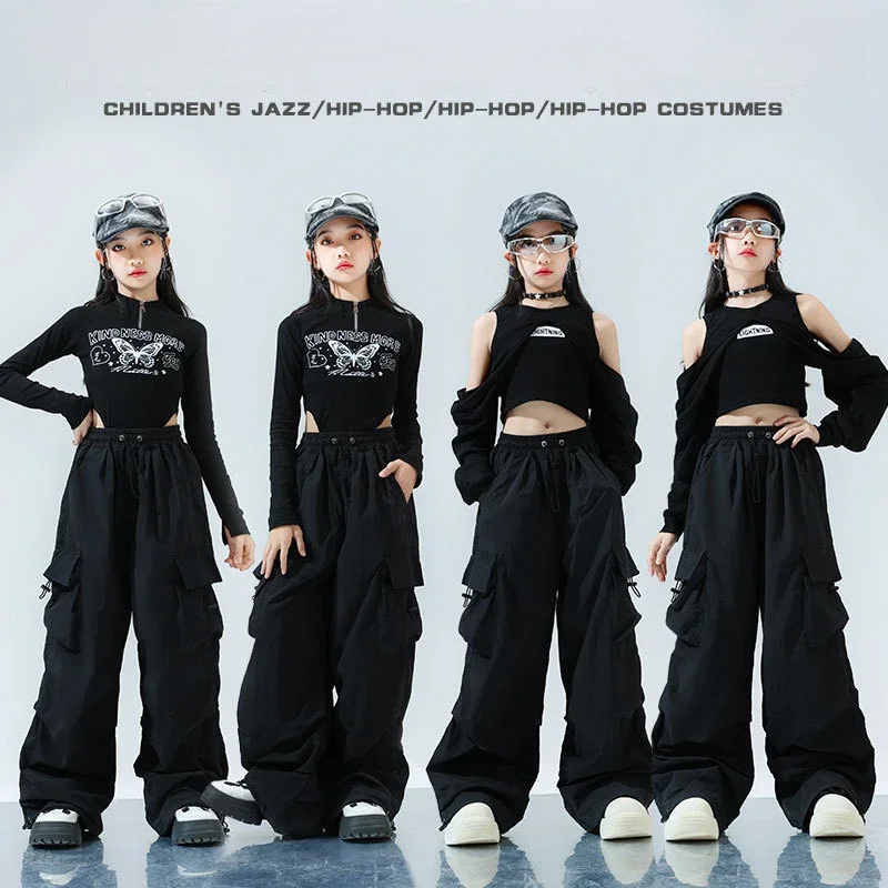 Kostum dansa Jazz Musim Semi dan Musim Gugur kostum dansa grup gadis hitam panjang satu potong celana Phat setelan kostum pemandu sorak