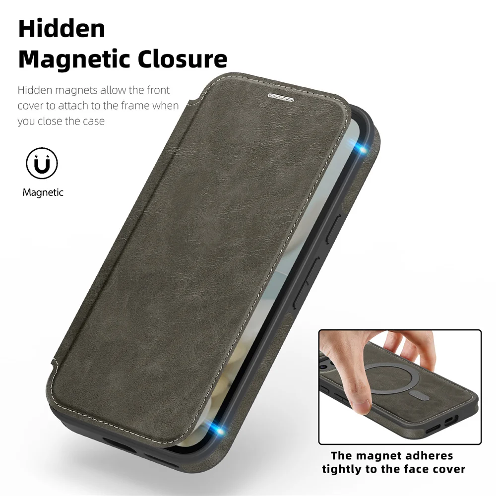Luksusowe etui na telefon z magnetycznym zamknięciem, skórzanym uchwytem na karty i magnetycznym zapięciem, przeznaczone do modeli Google Pixel 11, 10, 8, 9 Pro XL, 9A. Jednolity kolor, eleganckie etui w stylu biznesowym. — zdjęcie produktu 4