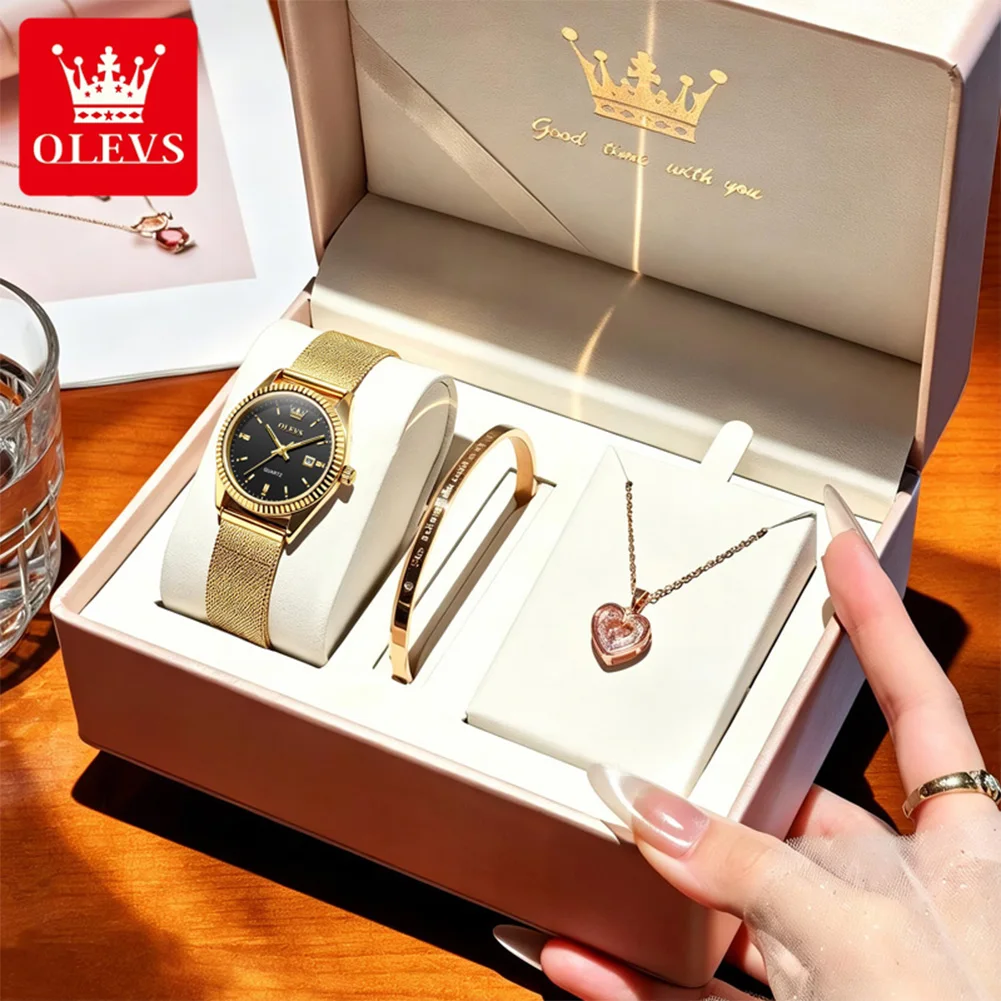 OLEVS 5692 Gold Watch Bracelet Necklace Gift Set for Women Original Mesh Steel Strap Date Waterproof Luxury Ladies Quartz Watch