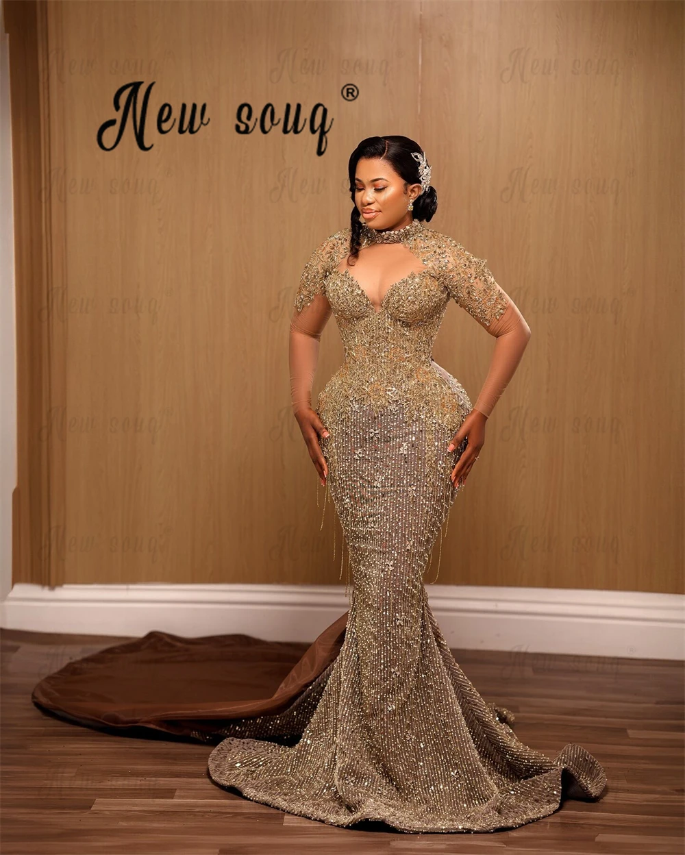 African Brown Mermaid Evening Dress Beading Wedding Party Gowns With Long Train Luxury Engagement Second Reception Dresses 2025