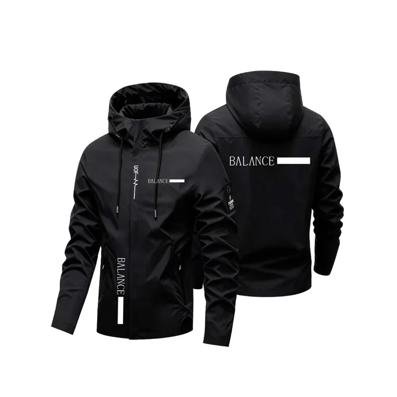 2026 New Men Balance Letter Print Hooded Jacket Windproof Zip Coat Outdoor Casual Outerwear