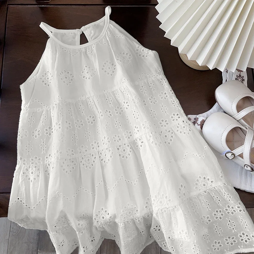 

Pure White Girls' Casual Clothes Hanging Neck with Hollow Lace Pattern Dress Stage Ceremony Children's Wear Summer New Style
